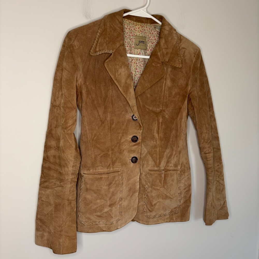 JUNE Genuine Leather Tan Suede Crop Jacket Women XS Lacing Notch Collar Western